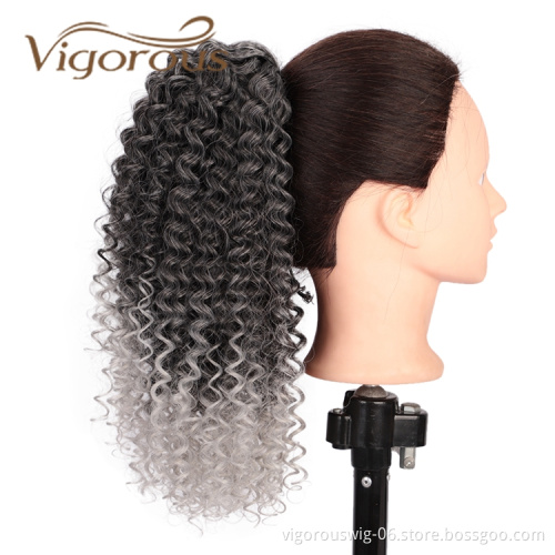 Vigorous Top Quality Cheap Supplier Kinky Curly Ombre Grey Updo Puff Hair Piece Drawstring Synthetic Ponytail Hair Extension